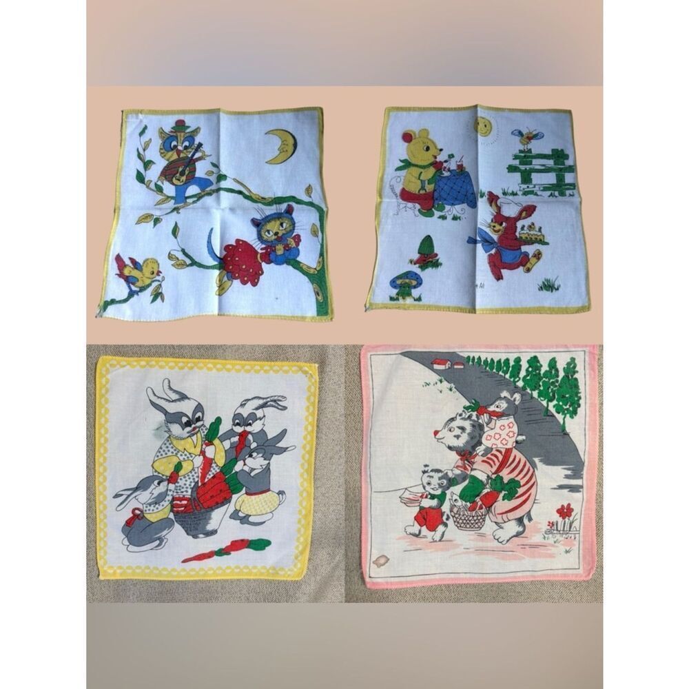 Vintage Children’s Handkerchiefs Lot of 4 Animal Print Novelty Cotton
